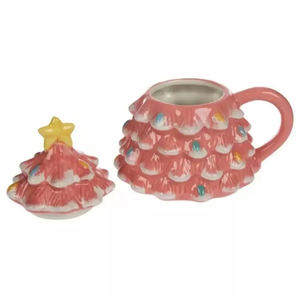 Nwt Pink Ceramic Christmas Tree Lidded Mug, 16 oz